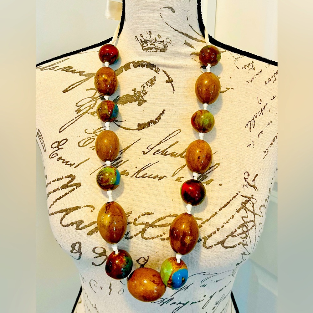 VTG Porcelain Ceramic Artist Glazed Beads Hand knotted Silk Statement Necklace